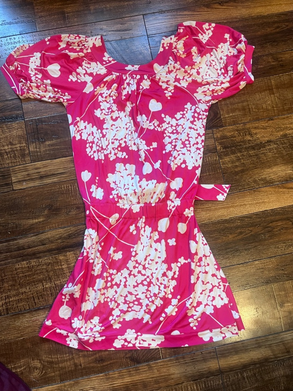 Tibi Hot Pink and White Floral Puff-Sleeve Dress with Waist Tie - Picture 3 of 3
